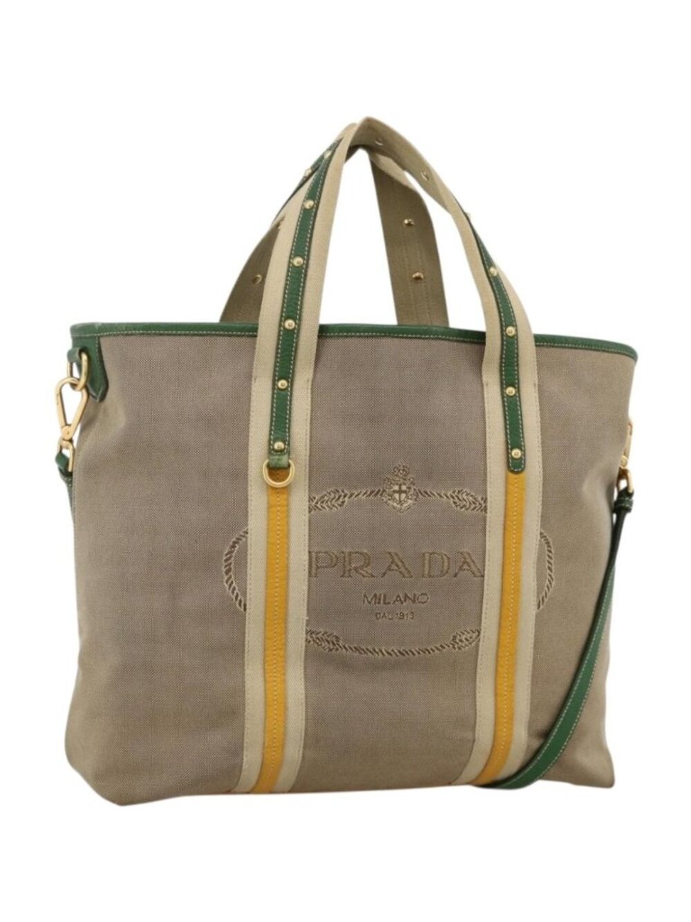 PRADA Tote Bag Canvas 2way Beige Gold